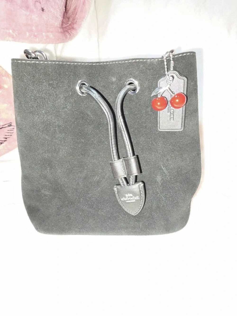 Coach Rowan Bucket Bag With Cherry Charm Black Suede